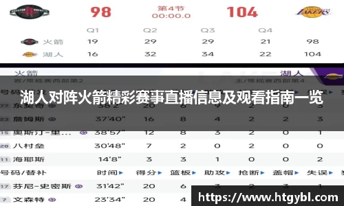 湖人对阵火箭精彩赛事直播信息及观看指南一览